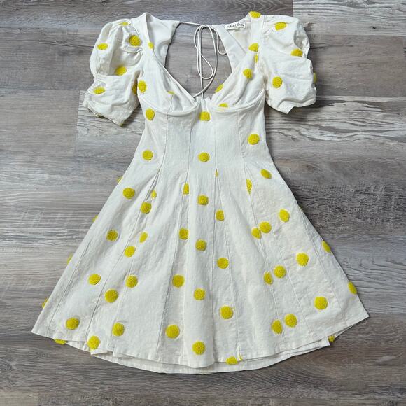 For Love & Lemons Puff Sleeve Mini Dress White Yellow Polka Dot Open Back XS - Picture 3 of 11